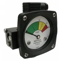 Differential pressure indicator with switch for monitoring pressure differentials in fluid systems. Features a Buna-N sensor and aluminum housing with ±5% of full scale accuracy. Color-coded transition points: green (0-10 psid), yellow (10-15 psid), red (15-20 psid). Suitable for filter condition or flow status indication in hydraulic, lubrication, and process filtration applications