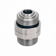 Swivel connector with 1 in BSPM male inlet and 1 in BSPM male discharge. Body constructed of aluminum and stainless steel. Chemically compatible with Diesel Exhaust Fluid (DEF). Used in DEF handling systems to allow rotation between lines, reducing hose twisting and stress during transfer operations.