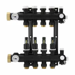 This polymer manifold assembly is used for branch distribution in hydronic heating systems. It connects a single supply line to one branch circuit, regulating flow in radiant floor or radiator applications. The manifold has one 1 1/4 in inlet and one 3/4 in outlet.
