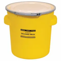 This 20-gallon nestable salvage drum is made of HDPE with an open head and a metal lever lock closing ring. It is unlined with no interior coating and carries UN ratings of 1H2/X75/S for both solids and liquids. Designed to hold an original shipping container, it provides secondary containment for leaking or damaged containers during transport or storage.