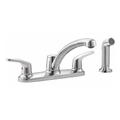 This centerset kitchen faucet from the Colony Pro series features a metal construction with a widespread, deck-mounted design requiring 4 mounting holes. The arc spout provides clearance for washing and filling tasks. Suitable for residential and light-commercial kitchen installations.