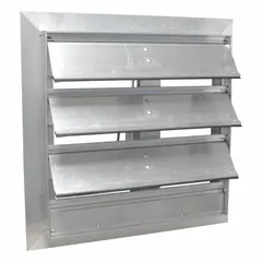 Motorized backdraft damper for horizontal mounting and horizontal airflow. Single-panel flat-blade design with single flange and rubber construction. Measures 16 inches in height and width. Operates on 110/230V AC nameplate voltage. Used to prevent reverse airflow in ventilation systems.