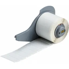 Thermal transfer precut label roll measuring 1/2 in x 1 1/2 in. Features a rubber, aggressive adhesive with permanent bonding for challenging surfaces. Compatible with M710 printer series. Used for industrial labeling, asset tracking, and safety identification.