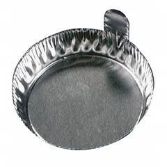 Aluminum weighing boat with a round shape and 20 mL capacity. Gray color. Includes a finger tab for handling. Used for weighing and transferring solid or powdered samples in laboratory settings.