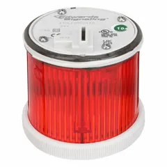Red steady light module for industrial signaling applications. Operates on 24V AC. Red lens, 70 mm overall diameter. Compatible with Class 200 series tower light systems.