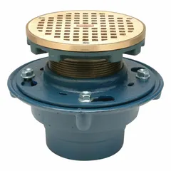 This ZURN general purpose floor drain is designed for surface water drainage in commercial and industrial settings. It features a 5 3/16 in round grate, 2 in nominal pipe size with push-on connection, and includes clamping collar and hardware. The gray drain has an 8 3/8 in overall diameter.