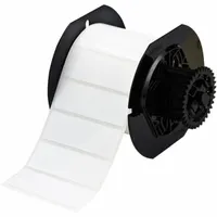 Thermal transfer precut label roll measuring 1 in x 3 in, with rubber aggressive/permanent adhesive for bonding to challenging surfaces. Contains 1500 labels per roll. Halogen-free material properties. Compatible with i3300 printer series. Used for durable identification in industrial environments