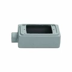 This rectangular aluminum weatherproof electrical box from APPLETON ELECTRIC is designed for outdoor or wet-location installations. It features a 1-gang configuration with a 1-inch hub and 25 cubic inch capacity, finished in gray. Suitable for housing wiring connections, switches, or outlets in environments requiring protection from moisture and corrosion.