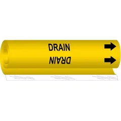 Yellow wrap-around pipe marker with black legend reading 'Drain' and directional arrows. Fits pipe outer diameters from 2-1/2 to 7-7/8 inches. Used to identify drain lines in piping systems, helping to meet pipe-identification standards.