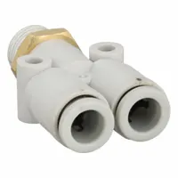 Polybutylene and brass wye fitting with push-fit connections for branching or merging pneumatic lines. Connects two 6 mm OD tubes, one 1/8 in BSPT pipe, and one 6 mm NPT pipe. Suitable for industrial pneumatic systems requiring tool-free installation