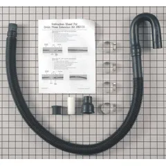 Washer drain hose extension kit for extending the reach of a washing machine drain hose. Allows flexible placement of the drain outlet in residential laundry setups.