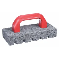 This silicon carbide rubbing brick measures 8" L x 3 1/2" W x 1 1/2" H with a 20 grit rating. The fluted surface and integrated handle facilitate manual surface preparation tasks such as smoothing concrete, removing form marks, and cleaning masonry.