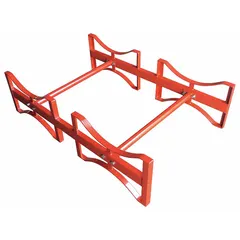 Single-level drum storage rack designed to hold two 55-gallon drums. Supports up to 1,600 lb per level. Finished in red. Suitable for organizing drummed fluids, lubricants, or chemicals in industrial facilities, warehouses, and maintenance shops.