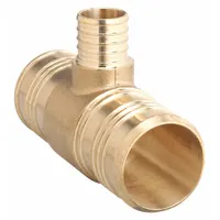 This ZURN brass barbed tee features a 1 1/4 in inside diameter and three barbed ends for branching PEX tubing. It uses a crimp connection method, requiring a crimp ring and tool for a secure joint. Suitable for plumbing and hydronic heating systems
