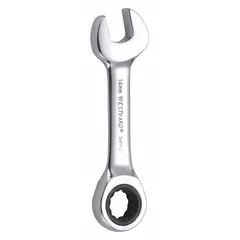 Alloy steel construction with a chrome finish. 14 mm head size, 4 3/8 in overall length. Standard type. Ratcheting box end enables faster fastener turning without repositioning. Suitable for tightening or loosening metric bolts in general mechanical tasks.
