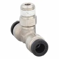 Nickel-plated brass push-fit tee fitting with three connections: two for 1/4 in OD tubing and one for 1/8 in pipe thread. Overall length is 1 11/16 in. Used to branch or combine pneumatic or low-pressure fluid lines in industrial automation, packaging, and material handling systems