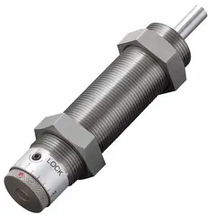 Steel industrial shock absorber with 27.3 N force rating. Used to decelerate and dampen impact forces in machinery, conveyors, and automation equipment, protecting components from damage by absorbing kinetic energy.
