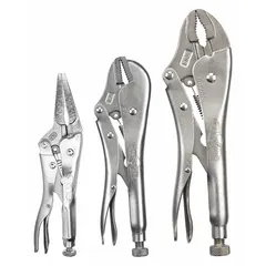 Set of three curved-jaw locking pliers with max jaw openings of 2 in, 1 1/2 in, and 1 7/8 in, and overall lengths of 6 in, 7 in, and 10 in. Used for gripping, clamping, and holding workpieces in metalworking, fabrication, and maintenance tasks.