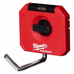 Plastic storage hook designed for the MILWAUKEE PACKOUT modular system. Provides a hanging point for tools, cords, or accessories. Measures 3-1/2 in depth, 4 in height, and 4 in length. Color is black/red.