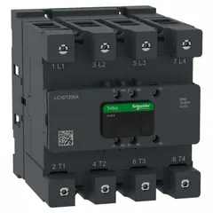 Non-reversing IEC contactor with 4 poles and 4 normally open contacts, rated for 200 A. Coil voltage is 48 V AC at 60 Hz. Integrated surge suppression included. Used for switching power circuits such as motors, lighting, and heating loads in industrial applications.