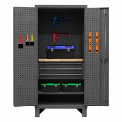 Welded steel cabinet with gray powder-coat finish. Includes one adjustable shelf, one drawer, and a pegboard back. Equipped with a swing handle and padlock hasp for security. Panel thickness is 12 ga. Suitable for organizing tools, parts, and equipment in workshops and storage areas.