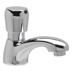 This single-post push-button metering bathroom faucet features a brass body with chrome finish and a low arc design. It delivers a timed spray flow at 0.5 gpm, suitable for commercial restrooms requiring water conservation and hands-free operation.