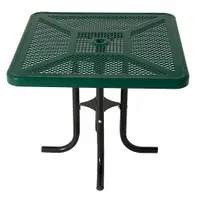 Square top patio table with a steel frame and steel tabletop. Overall dimensions: 36 in wide by 36 in long, 30 1/4 in high. Frame is black, tabletop is green. Suitable for outdoor dining areas in commercial or residential settings
