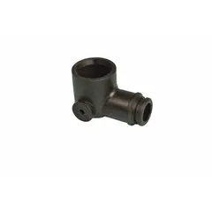 Plastic elbow drilling component for wash fountain cartridge and mixing valve assemblies. Used to direct water flow within the valve body in commercial washroom fixtures.
