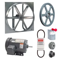 This belt-drive reversible panel fan is designed for exhaust or supply ventilation in industrial and commercial settings. It features a 36-inch blade driven by a 1 hp, 3-phase, totally enclosed fan-cooled motor rated for 230/460V AC. The unit is supplied unassembled and is suitable for moving large air volumes in environments where motor protection from dust and debris is required.