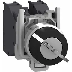 Panel-mounted key switch without contacts from Series XB4. 2-position momentary/momentary action with key removal in left position. 22 mm mounting hole. Used for access control or mode selection in industrial control panels where operator authorization is required.