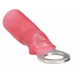 This 3M ring terminal features heat shrink insulation for environmental sealing. It is designed for #10 stud connections and accepts 22 AWG to 18 AWG wire. Rated at 1000 V, it is used for secure electrical terminations in control panels, automation systems, and machinery.