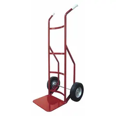 This steel hand truck features a dual-handle design for improved control when moving heavy loads. The flat-free 10-inch wheels eliminate tire maintenance and perform well on rough surfaces. Suitable for moving loads in warehouses, factories, and delivery environments.