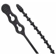 Black beaded releasable cable tie for outdoor use. 24-inch length accommodates bundles up to 7 inches in diameter. Rated tensile strength of 140 lb. Pack of 5 ties.