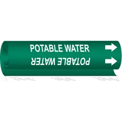 Green wrap-around pipe marker with white legend reading 'Potable Water' and directional arrows. Fits pipe outer diameters from 1-1/2 to 2-3/8 inches. Used to identify drinking water lines in piping systems.