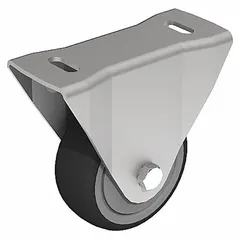 Rigid plate caster with a 100 mm polyurethane wheel and lacquer finish. Drop-in mounting for single T-slot extrusions. Adjustable, metric dimensions 120 mm x 52 mm x 136 mm. Fasteners not included. Used to add fixed mobility to industrial equipment on T-slot aluminum framing.