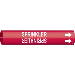 This snap-on pipe marker identifies sprinkler system piping. It features a red background with white legend text reading 'Sprinkler' and includes directional arrows. Designed to fit pipe outer diameters from 3/4 to 1-3/8 inches. Suitable for use in industrial and commercial facilities for clear pipe identification.