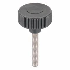 Knurled knob with threaded stud for manual clamping and adjustment. Plastic body with stainless steel M10 thread, 60 mm thread length, 50 mm diameter, gray color. Suitable for hand-tightening on jigs, fixtures, and machinery.