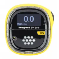 This HONEYWELL BW Solo single-gas detector is designed to monitor hydrogen gas concentrations in the ambient air. It features high and low alarm setpoints of 15 ppm and 10 ppm respectively. The unit has a yellow housing, is rated IP68 for dust and water ingress protection, operates on a lithium battery, and communicates via Bluetooth for data transfer and configuration