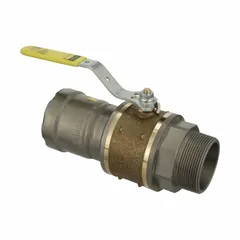 This two-way ball valve features a bronze body with a straight pattern and a locking lever handle for secure on/off flow control. Rated for a maximum pressure of 125 psi (CWP), it includes PTFE components for reliable sealing. Suitable for use in industrial piping systems handling water, gas, or oil.