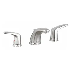This widespread handle bathroom faucet features a brushed nickel finish and low arc spout. Constructed of metal, it includes a drain and is suitable for residential and commercial bathroom sinks in new construction or renovation projects.