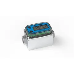 Turbine-type fuel meter with 1/2 in FNPT connection and PVDF rotor. Provides digital display in liters, 4-20 mA output, and +/-2% accuracy (body only). Suitable for fuel flow monitoring and dispensing in industrial systems.