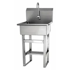This one-station freestanding hand sink features a sensor-operated faucet with a 2 gpm flow rate. It is AC powered and has a 20-inch bowl length and 9-inch bowl depth. Side splash is not included. Suitable for commercial restrooms and foodservice areas where touch-free operation is desired.