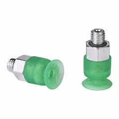 Flat type vacuum pad assembly with M5 port and 11 mm pad diameter. Made of food-grade silicone rubber in green. Used for handling film and paper in food-safe applications.