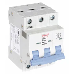 This 3-pole supplementary protector features a D-curve trip characteristic and is rated for 25 A at 480 V AC with a maximum interrupting rating of 7.5 kA. It is designed for DIN rail mounting and complies with UL1077 standards. The screw clamp terminals facilitate secure wiring connections. Typical applications include overcurrent and short-circuit protection in industrial control panels and equipment.