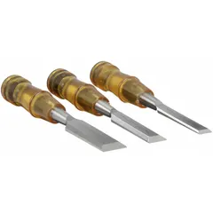 This 3-piece wood chisel set includes chisels with widths of 1/2 in, 3/4 in, and 1 in, each with an overall length of 7 3/4 in. The plastic striking surface is designed to prevent marring of workpieces. Suitable for woodworking tasks such as carving, shaping, and chiseling wood.