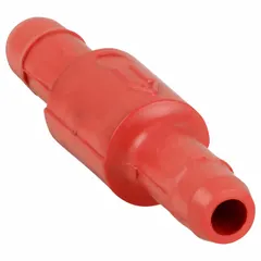 Red plastic pneumatic thermostat flow restrictor with 1/4 in barbed connection. Output flow capacity of 25 scim at 20 psig. Used in HVAC control systems to limit airflow to pneumatic thermostats for consistent system response.