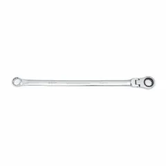 This metric double-end 12-point ratcheting box end wrench features a flex head for accessing fasteners in confined spaces. The 22 mm head size and 18 3/4 in overall length suit automotive and mechanical tasks. Chrome finish on steel construction resists corrosion.
