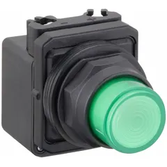 Green LED pilot light for 30 mm panel-mount openings. Rated for 120 V AC supply voltage. Provides visual status indication in industrial control panels, machinery, and automation systems. No push-to-test function.