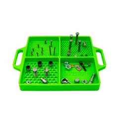 Flexible silicone tray for organizing fasteners, screws, nuts, and small parts during assembly, repair, or maintenance tasks. Non-slip surface keeps components from rolling away. Measures 12 inches wide by 15 inches long.