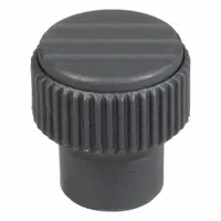 Knurled knob with threaded hole, plastic body with steel thread insert. M4 thread, 10 mm thread length, 21 mm diameter. Gray color. Used for manual adjustment and clamping on machinery, fixtures, and industrial equipment
